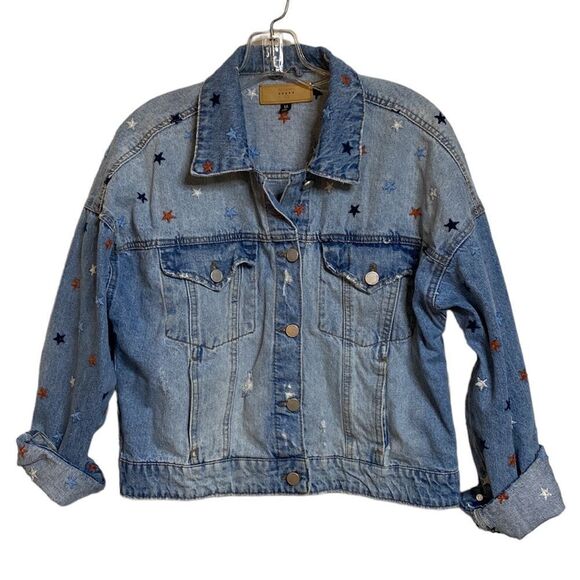 Star Embroidered Factory Distressed Denim Jacket - Picture 9 of 13